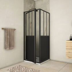 Pack Porte de Douche Pivotante et Retour 'Type Atelier' - Noir Mat - 80x80x200 cm