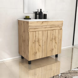 Meuble de salle de bains 80cm 2 PortesChêne Industriel + Vasque céramique blanche - TIMBER 80