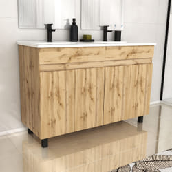 Aurlane - Meuble de salle de bains 120cm 4 PortesChêne Naturel + Vasque céramique blanche - timber 120