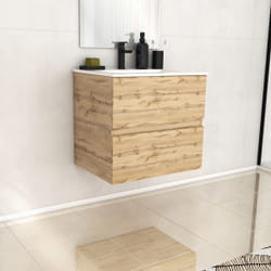 Meuble de salle de bains 60cm 2 TiroirsChêne Naturel + Vasque céramique blanche - timber 60