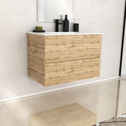 Meuble de salle de bains 80cm 2 TiroirsChêne Naturel + Vasque céramique blanche - timber 80