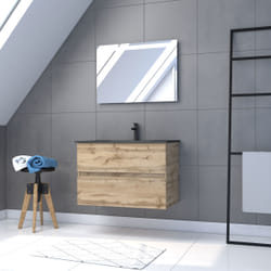Aurlane - Meuble Salle de Bains 60cm 2 Portes Chêne Naturel + Vasque Noire et Miroir Ovale