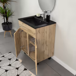 Aurlane - Meuble Salle de Bains 60cm 2 Portes Chêne Naturel + Vasque Noire et Miroir Ovale