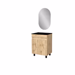 Aurlane - Meuble Salle de Bains 60cm 2 Portes Chêne Naturel + Vasque Noire et Miroir Ovale - Vue supplémentaire 4