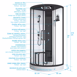Cabine de douche 1/4 de cercle 95x95x218 cm - Fonction hammam, Jets Hydromassants, Led et Bluetooth - Vue supplémentaire 4