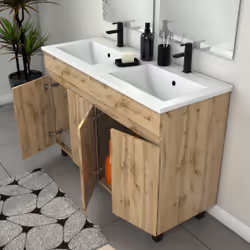Meuble Salle de Bains 120cm 4 Portes Chêne Industriel + Vasque Blanche et Miroirs avec appliques Led