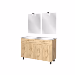 Meuble Salle de Bains 120cm 4 Portes Chêne Industriel + Vasque Blanche et Miroirs avec appliques Led