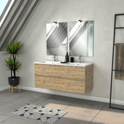 Meuble Salle de Bains 120cm 4 Tiroirs Chêne Industriel + Vasque Blanche et Miroirs avec appliques Led
