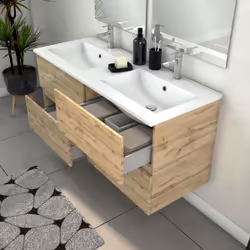 Meuble Salle de Bains 120cm 4 Tiroirs Chêne Industriel + Vasque Blanche et Miroirs avec appliques Led