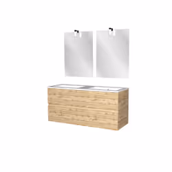 Meuble Salle de Bains 120cm 4 Tiroirs Chêne Industriel + Vasque Blanche et Miroirs avec appliques Led