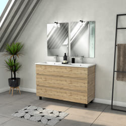 Meuble Salle de Bains 120cm 6 Tiroirs Chêne Naturel + Vasque Blanche + Miroirs avec appliques Led