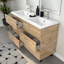 Meuble Salle de Bains 120cm 6 Tiroirs Chêne Naturel + Vasque Blanche + Miroirs avec appliques Led
