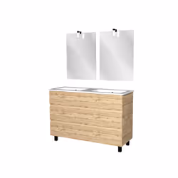 Meuble Salle de Bains 120cm 6 Tiroirs Chêne Naturel + Vasque Blanche + Miroirs avec appliques Led