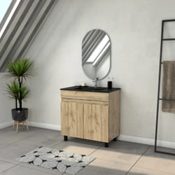 Meuble Salle de Bains 80cm 2 Portes Chêne Industriel + Vasque Noire et Miroir Ovale