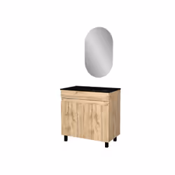Meuble Salle de Bains 80cm 2 Portes Chêne Industriel + Vasque Noire et Miroir Ovale