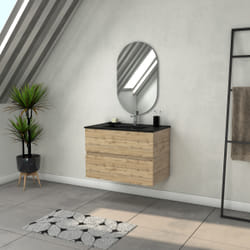 Aurlane - Meuble Salle de Bains 80cm 2 Tiroirs Chêne Naturel + Vasque Noire et Miroir Ovale