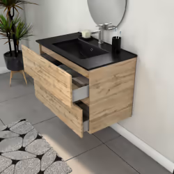 Aurlane - Meuble Salle de Bains 80cm 2 Tiroirs Chêne Naturel + Vasque Noire et Miroir Ovale
