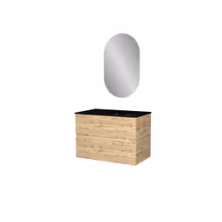 Aurlane - Meuble Salle de Bains 80cm 2 Tiroirs Chêne Naturel + Vasque Noire et Miroir Ovale