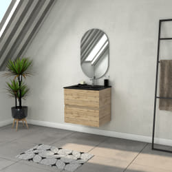 Meuble Salle de Bains 60cm 3 Tiroirs Chêne Naturel + Vasque Noire et Miroir Ovale