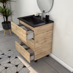 Meuble Salle de Bains 60cm 3 Tiroirs Chêne Naturel + Vasque Noire et Miroir Ovale