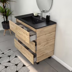 Aurlane - Meuble Salle de Bains 80cm 3 Tiroirs Chêne Naturel + Vasque Noire et Miroir Ovale