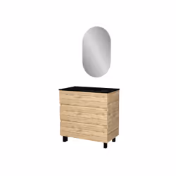 Aurlane - Meuble Salle de Bains 80cm 3 Tiroirs Chêne Naturel + Vasque Noire et Miroir Ovale