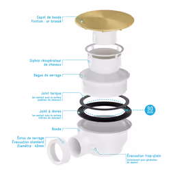 Bonde de Receveur Diamètre 90 mm - Capot Or Doré Brossé - Evacuation Horizontale