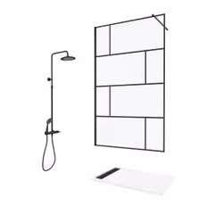 Paroi de Douche 120 cm Sérigraphie Noire et Receveur Blanc 80x120 + Colonne de Douche Mécanique