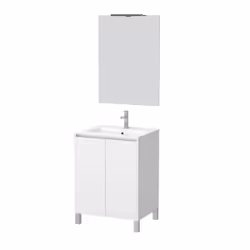 Aurlane - Pack Meuble Salle de Bains 60 cm Blanc 2 Portes, Vasque, Miroir 60x80 et Réglette Led - xenos