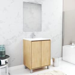 Aurlane - Pack Meuble Salle de Bains 60cm Chêne Clair 2 Portes, Vasque, Miroir 60x80 et réglette Led - xenos