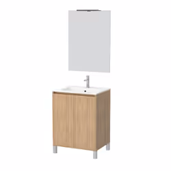 Aurlane - Pack Meuble Salle de Bains 60cm Chêne Clair 2 Portes, Vasque, Miroir 60x80 et réglette Led - xenos