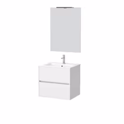 Aurlane - Pack Meuble Salle de Bains 60cm Blanc 2 Tiroirs, Vasque, Miroir 60x80 et réglette Led - xenos