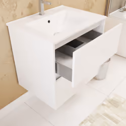 Aurlane - Pack Meuble Salle de Bains 60cm Blanc 2 Tiroirs, Vasque, Miroir 60x80 à Leds intégrées - xenos