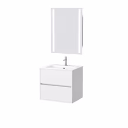 Aurlane - Pack Meuble Salle de Bains 60cm Blanc 2 Tiroirs, Vasque, Miroir 60x80 à Leds intégrées - xenos