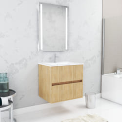 Aurlane - Pack Meuble Salle de Bains 60cm Chêne Clair 2 Tiroirs, Vasque, Miroir 60x80 à Leds intégrées - xenos
