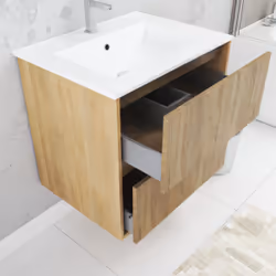 Aurlane - Pack Meuble Salle de Bains 60cm Chêne Clair 2 Tiroirs, Vasque, Miroir 60x80 à Leds intégrées - xenos