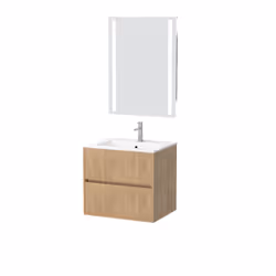 Aurlane - Pack Meuble Salle de Bains 60cm Chêne Clair 2 Tiroirs, Vasque, Miroir 60x80 à Leds intégrées - xenos