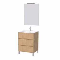 Aurlane - Pack Meuble Salle de Bains 60cm Chêne Clair 3 Tiroirs, Vasque, Miroir 60x80 et réglette Led - xenos