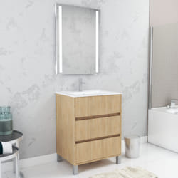 Aurlane - Pack Meuble Salle de Bains 60cm Chêne Clair 3 Tiroirs, Vasque, Miroir 60x80 à Leds intégrées - xenos