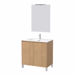 Aurlane - Pack Meuble Salle de Bains 80cm Chêne Clair 2 Portes, Vasque, Miroir 60x80 et réglette Led - xenos