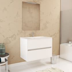 Aurlane - Pack Meuble Salle de Bains 80cm Blanc 2 Tiroirs, Vasque, Miroir 60x80 et réglette Led - xenos