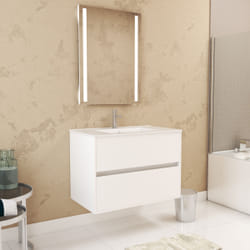 Aurlane - Pack Meuble Salle de Bains 80cm Blanc 2 Tiroirs, Vasque, Miroir 60x80 à Leds intégrées - xenos