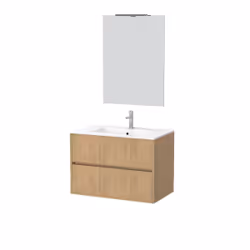 Aurlane - Pack Meuble Salle de Bains 80cm Chêne Clair 2 Tiroirs, Vasque, Miroir 60x80 et réglette Led - xenos