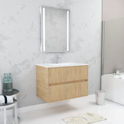 Aurlane - Pack Meuble Salle de Bains 80cm Chêne Clair 2 Tiroirs, Vasque, Miroir 60x80 à Leds intégrées - xenos
