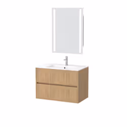 Aurlane - Pack Meuble Salle de Bains 80cm Chêne Clair 2 Tiroirs, Vasque, Miroir 60x80 à Leds intégrées - xenos