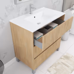 Aurlane - Pack Meuble Salle de Bains 80cm Chêne Clair 3 Tiroirs, Vasque, Miroir 60x80 à Leds intégrées - xenos