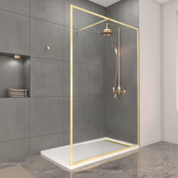 Aurlane - Paroi de Douche 140x200cm + Grille Finition Or Doré Brossé + Receveur Blanc effet pierre 140x80x5cm