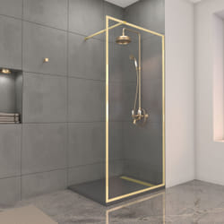 Aurlane - Paroi de Douche 100x200cm + Grille Finition Or Doré Brossé + Receveur gris effet pierre 100x80x4cm
