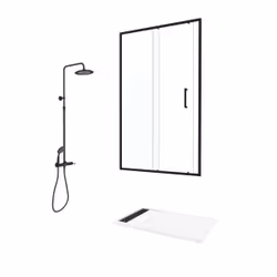 Porte de Douche Coulissante 120x200 cm Profil Noir et Receveur Blanc + Colonne de Douche Mécanique