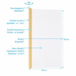 Pare-baignoire Rabattable 80x140cm - Profilé Or Doré Brossé - Verre Trempé Ondulé 5mm - WAVY - Vue supplémentaire 4
